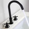 Wire drawing gold separate faucet Hot and cold separate basin faucet three holes bathroom counter pure copper vegetable basin faucet wholesale