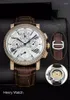 Armbandsur Mens Mechanical Watch Rose Gold Automatisk Dual Time Blue Leather Diamond