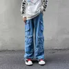 Jeans pour hommes MultiPocket Blue Washed Cargo Pants Couple Hip Hop Jeans High Street Baggy Casual Harajuku Simple Denim Pantalon Pantalon large Z0301