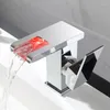 Bathroom Sink Faucets Countertop Brass Faucet Square Basin LED Color Waterfall