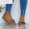 Sandaler kvinnor Summer Flat Shoes Ladies Gladiator Peep Toe Buckle Strap Female Suede Bow Espadrilles Big Size 43