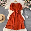 Party Dresses Summer Fashion Sweet Forest V-neck Tie Dress Women's Design Sense Niche Irregular Waist Slimming Short-sleeved A-line