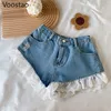 Kvinnors tvåbitar byxor sommar söt lolita stil denim shorts set flickor sexig spets bandage camisole gröda toppar ruffles jeans korta kvinnor 2 st set 230228