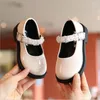 Flat Shoes Girl's White And Black Patent Leather Bright Casual Children's Crystal Princess Students Wide Head Bottom