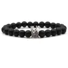 Strand Micro Pave Noir CZ Zircone Or-Couleur Roi Couronne Bracelet Hommes Mat Polonais Mat Pierre Perle Bracelets Pour Femmes Bijoux