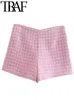 Pantalon deux pièces pour femmes TRAF printemps femmes décontracté veste en tweed recadrée bouton orné pied de poule rose Blazer jupes Shorts 2 pièces ensemble 230301