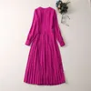 2023 Spring Purple Solid Color Panel Panel Dress Lång ärm Runda nacke veckade MIDI Casual Dresses S3F280104 Plus Size XXL