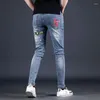 Herenjeans Harajuku Spring herfst gewassen blauw stretch patroon bedrukt originele magere lange stijlvolle denim broek voor mannen