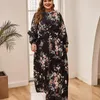 Plus-klänningar 2023 Kvinnor klär blommig full ärm Larges Big Plussize Curve O-Neck Clothing Autumn Spring Wear