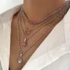 Chains INS Pink Rhinestone Butterfly Heart Charm Tennis Chain Necklace For Women Silver Color Multilayer Twisted Jewelry