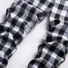 Мужские джинсы Черно -белая клетчатая клетчатая мода Проверка моды Digital Print Slim Straight Bins