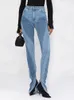 Women's Jeans DEAT Fashion Slim Deconstruct Panelled Patchwork High Waist Split Blue Long Denim Pants Autumn 2023 1DF2575 230228