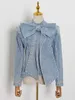 女性用ジャケットChicever Denim Stand Collar Lengeve Patchwork bow Vintage Ruched Coats for Memale Spring Clothing230301