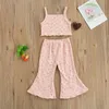 Ensembles de vêtements 2 pièces tenues florales pour tout-petits bébé fille sans manches bretelles spaghetti col en forme de U débardeur pantalon évasé (rose)