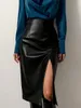 Autumn Winter Women Sexy Midi Leather Skirts Solid Black High Waist Office Pencil Slit Skirt For 230301