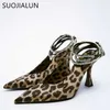 Suojialun 2022 Summer Sexy Sexy Leopard Print Женщины Slingback Sandals Ученики пальцы на мелководье неглубокие туфли лодыжка