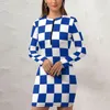 Casual Dresses Blue and White Checkerboard Dress Long Sleeve Vintage Checker Tryck estetisk sommar Sexig bodycon kvinnlig mönster o
