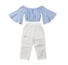 Yaz 2pcs Çocuklar Bebek Kız Giysileri Setleri Parlamış Sömürü Çizgili Üstler Tişört Yıpranmış Pantolon Giysileri Kıyafetler