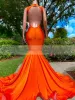 Luxus Orange Satin Meerjungfrau Ballkleider für schwarze Mädchen Sexy V-Ausschnitt Perlen Glitzer Pailletten rückenfreies Abendkleid Robe De Ball BC15130