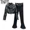 Dames tweedelige broek TNFS Vrouwen Pantsets kleur Matching Short Pu lederen jassen jas splicing vintage lange flare zwart tweedelig pak