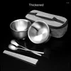 Bowls The 304 Stainless Steel Tableware Spoon Set Travel Portable Household Single Meal Bowl Noodle Storage Bag