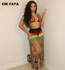 Two Piece Dress CMYAYA Elegant Rainbow Women Knit Ribbed Chochet Tassel Bodycon Maxi Skirt Suit and Crop Top Beach Sexy Two 2 Piece Set Outfits 230228