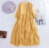 Casual Dresses 2023 Summer Cotton Linen Long Sleeve O-Neck Drawstring Large Swing Solid Maxi Shirt Dress For Women Vestidos Mujer