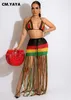 Two Piece Dress CMYAYA Elegant Rainbow Women Knit Ribbed Chochet Tassel Bodycon Maxi Skirt Suit and Crop Top Beach Sexy Two 2 Piece Set Outfits 230228