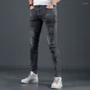 Мужские джинсы весна и осенняя тренировка роскошная мужская панк -ковбой в высококачественной корейской моде оригинал Slim Harajuku Grey