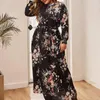 Plus-klänningar 2023 Kvinnor klär blommig full ärm Larges Big Plussize Curve O-Neck Clothing Autumn Spring Wear