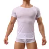 Hommes t-shirts 2023 mode Sexy hommes maille T-shirt homme Fitness Polyester sous-vêtements Gay col rond Transparent taille S M L XL