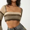 Pulls pour femmes Y2K Crochet Crop Top Color Block Col carré Pull évidé à manches longues Rayé Pulls tricotés Rue