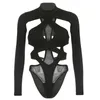 디자이너 여성 점프 슈트 Sexy Hollow Out Criss-Cross Design Bodysuits Backless Strapping Tight 솔리드 컬러 하이 넥 긴팔 섹시한 바디 수트 여성용