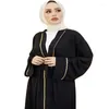 ملابس عرقية مسلم طويل اللباس الطويل Abaya Dubai Jalabiya Gold Ribbon Cardigan Robe Oppen Femme Musulman Outwear Coat