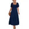 Casual Dresses Womens Square Neck Smocked Flowy Midi Long Dress Vintage Puff Short Sleeve Solid Tiered Ruffled Hem Swing A-Line