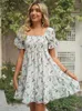 Feestjurken zomer bloemenprint vrouwen 2023 mode vierkante kraag korte mouw boho strand casual ruches plus size sexy mini jurk