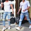 Jeans masculinos 2023 homens Moda empilhada magro rasgado macho calça de jea
