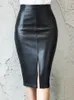 Skirts Women PU Leather Midi Skirt Autumn Winter Ladies Package Hip Front or Back Slit Pencil Skirt 230301
