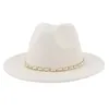 Vrouwen mannen wijd rand fedora hoed met ketting herfst winter faux derby bruiloft jazz hoeden feest cowboy vilt cap sombreros de mujer