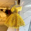 Party Dresses Yellow Fashion Luxury One Shoulder 3D Flowers Pleated Short Mini Length Women Evening Cocktail Gowns Custom Made