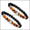 car dvr Beaded Strands Mens Natural Black Lava Rock Beads Leopard Head Charm Bracelet 8Mm Drop Delivery Jewelry Bracelets Dhb7Y