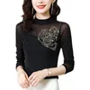 Women's T Shirts Arrivals 2023 Autumn Women's Tops Fashion Casual Long Sleeve Drilling Mesh T-Shirt Plus Size Black Blusas