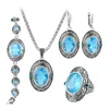 Necklace Earrings Set Kinel Women Blue Natural Zircon Vintage Jewelry Tibetan Silver Ethnic Pattern Fashion Bride Wedding Crystal Gift