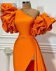 Aso Ebi Arabe Élégant Orange Gaine Robes De Soirée Cristaux Manches Courtes Robes De Bal Sexy Soirée Formelle Deuxième Réception Robes Sur Mesure