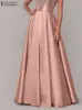 ZANZEA Bohemian Women Satin Silk Long Skirts Cotton Solid Elegant Loose Sundress Femme Elastic Waist Oversized Casual Dresses 230301