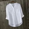 Women's Blouses 2023 Spring Summer Causal White Women Shirts V-neck Loose Cotton Office Lady Elegant Double Pocket Blouse Tops