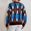 Women's Sweaters Fashion Geometric Blue Knitted Sweater Women O Neck Casual Argyle Lady Pullover Female Autumn Winter Retro Jumper