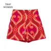 Pantalon deux pièces pour femmes TRAF boutonné haut femme à manches courtes t-shirt rose imprimé géométrique Short avant tendance jolie couleur Chic 230228