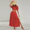 Zweiteiliges Damen-Kleid, Sommer-Outftis, lässiges Puffärmel-Crop-Top, hohe Taille, Maxirock-Set, solides Kleid