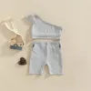 Kleidungsstücke Summer Little Kids Girls Casual Clothes Solid One Schulter gerippter Kurzarm Crop Tops Shorts Kleinkind Sportwaren Outfits